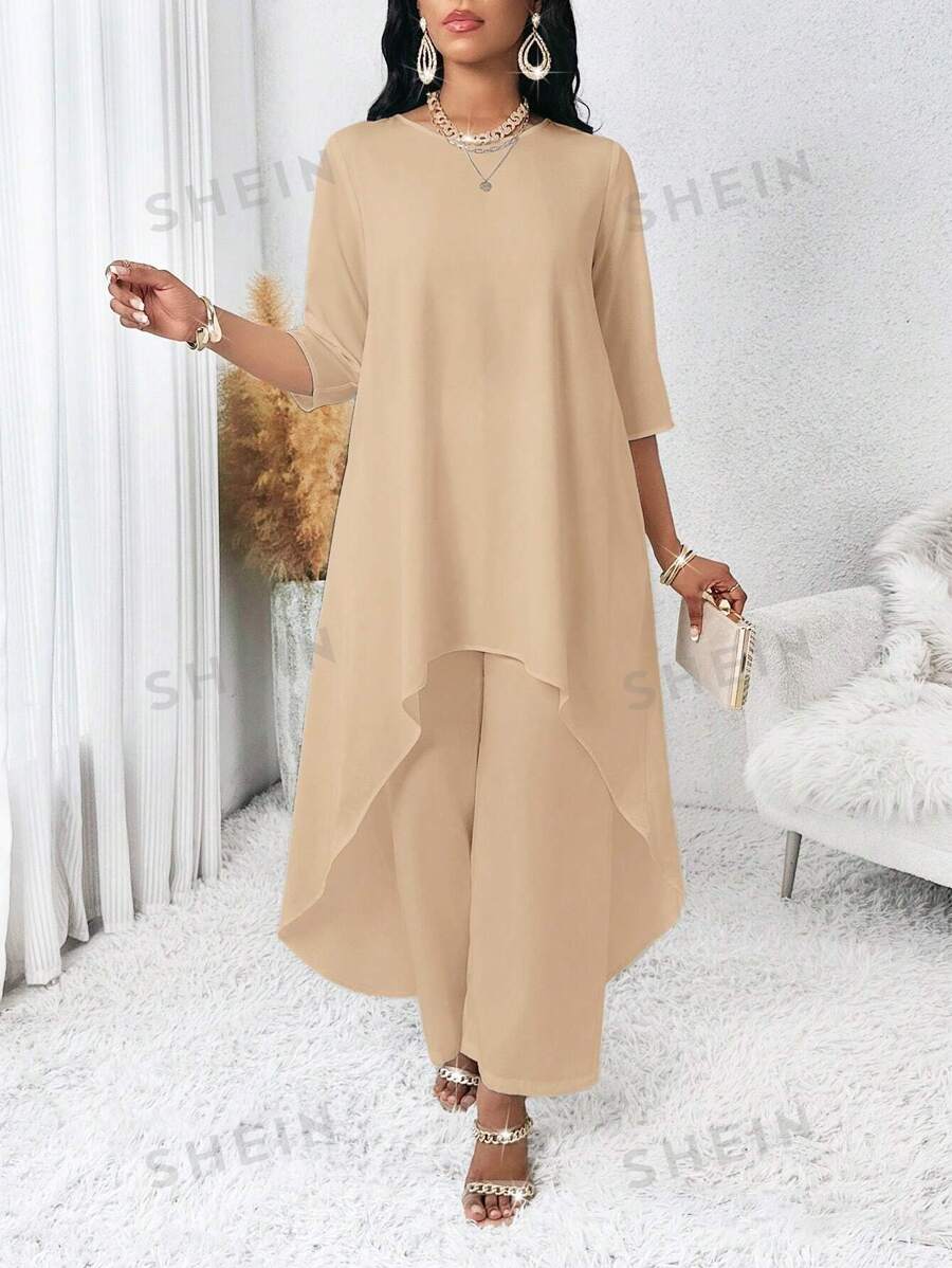 SHEIN Lady Conjunto casual de talla grande de mujer con top de cuello redondo y mangas 3/4 con bajo asimétrico y pantalones de unicolor