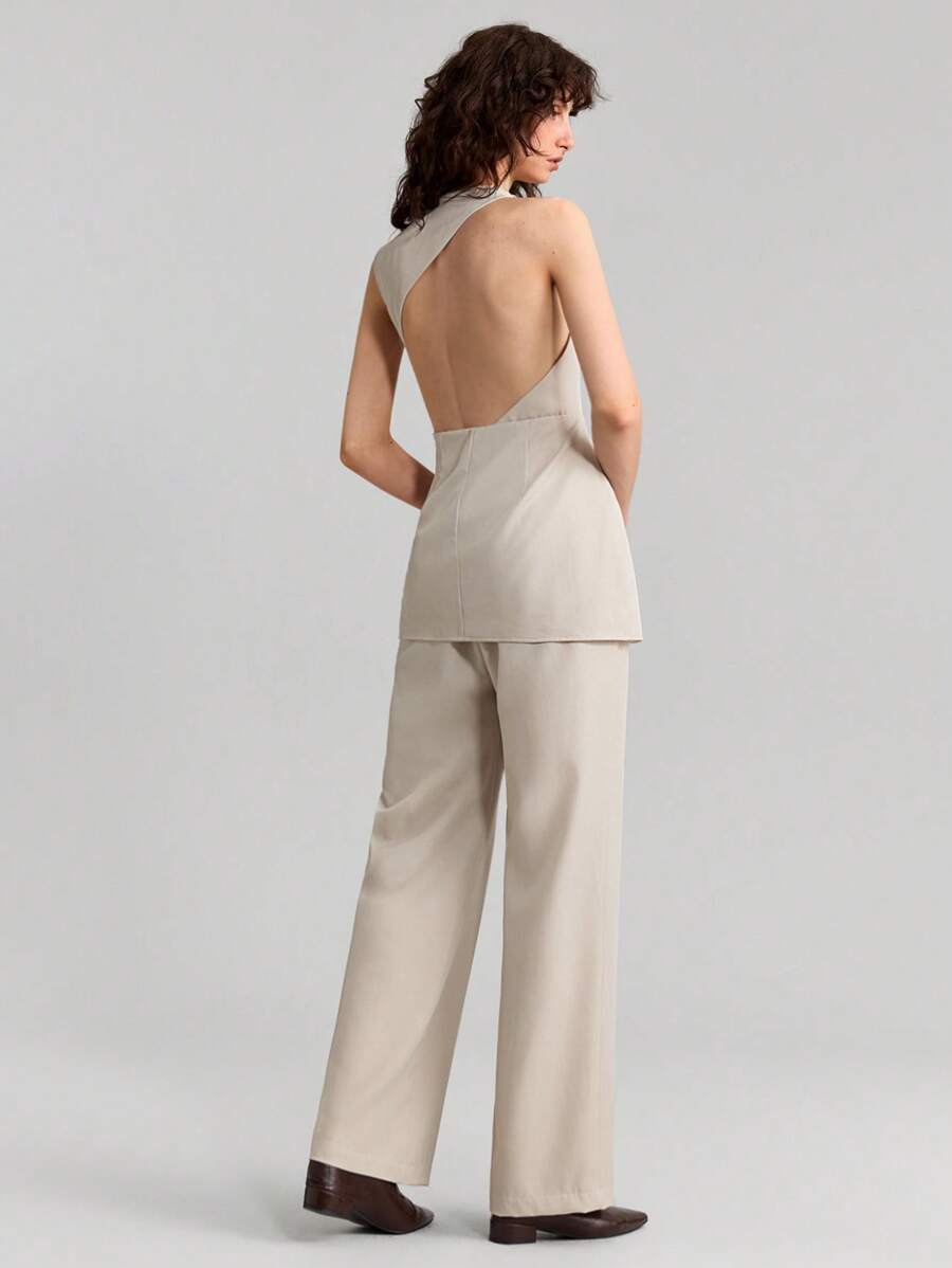 Ontre Set da 2 pezzi casual da donna stile urban, in colore cachi, smanicato con collo tondo, pantaloni, adatto per la Primavera/Estate, nuovo stile per festival musicali e lauree del 2025