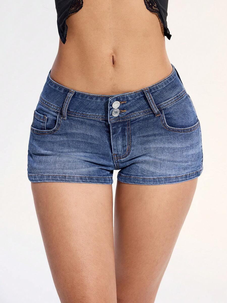 SHEIN EZwear Shorts di jeans a vita alta con elastico e tasche, moda donna EZwear