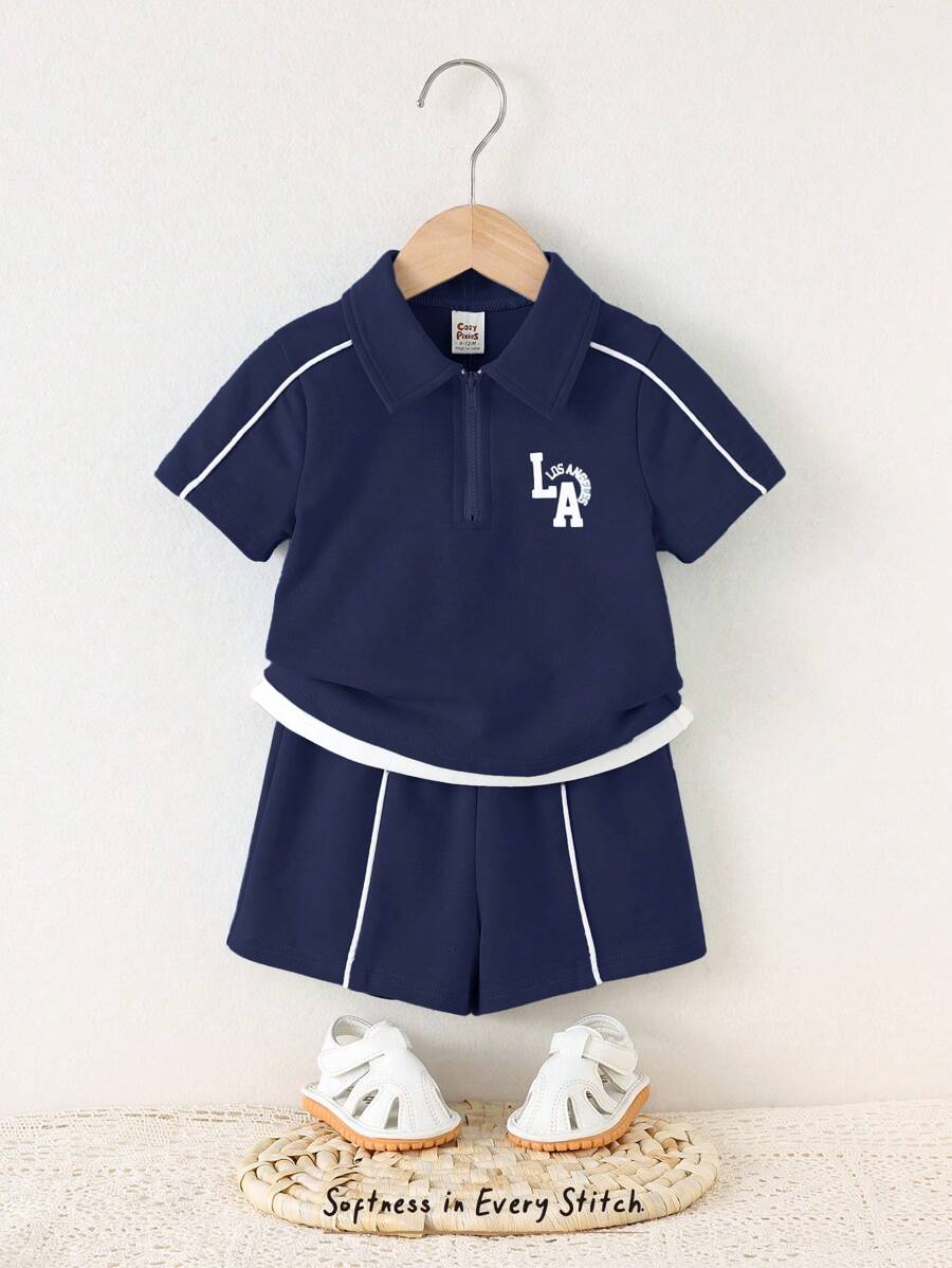 Cozy Pixies 2pcs/Set Baby Boy Color Block Polo Collar Short Sleeve Top And Elastic Waist Shorts Set