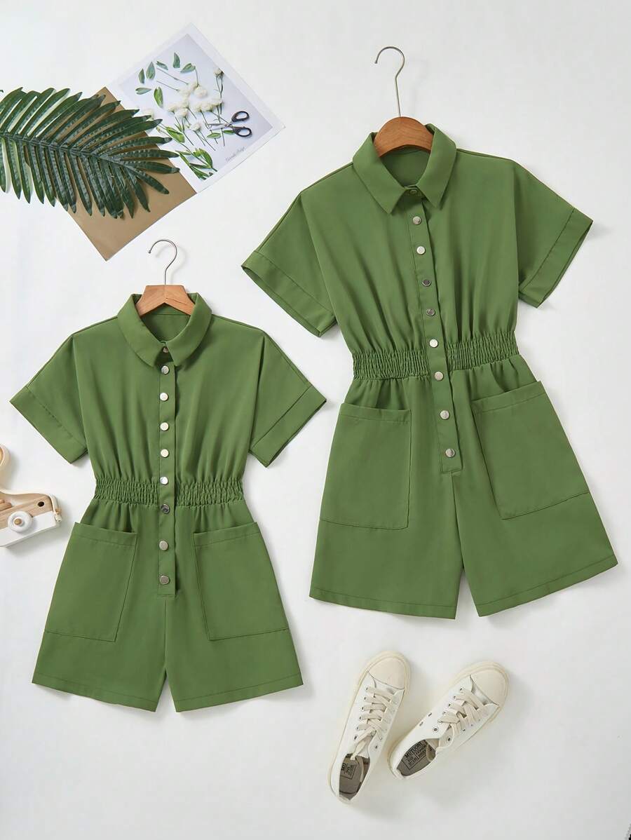 Mono informal con bolsillos, mangas de murciélago y cuello para niñas para vacaciones, conjunto a juego en familia (2 piezas se venden por separado)