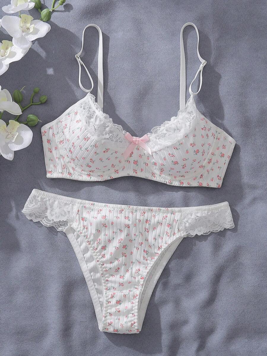 Dream Adore Set de 2 piezas de lencería para mujer con soportes de alambre, taza 3/4, encaje floral romántico y parches con lazo decorativo