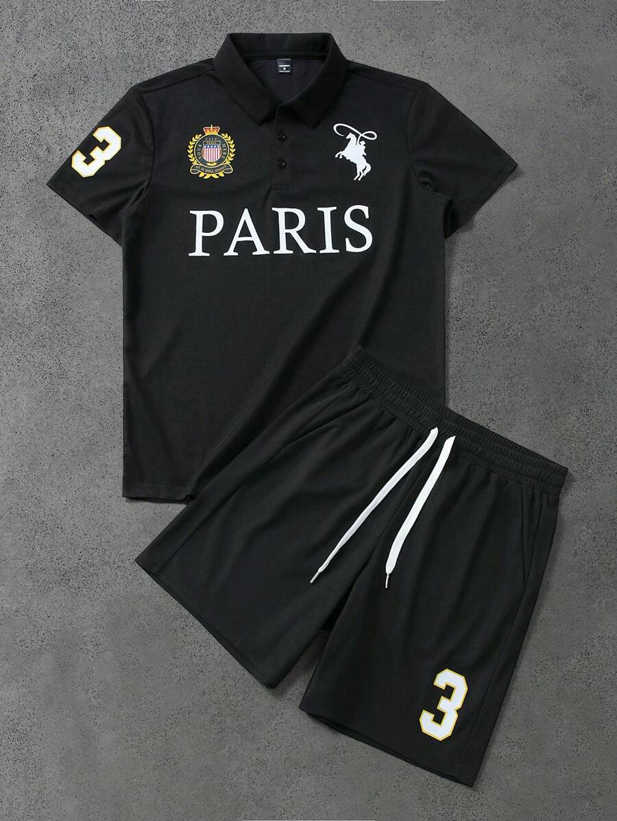 Manfinity Homme Set de tricou polo și pantaloni scurți cu mânecă scurtă pentru bărbați, la modă pentru vară