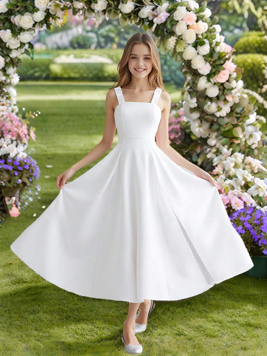 Vestido tubo de encaje blanco elegante y lindo con tirantes finos para niñas preadolescentes para uso diario, combinados con atuendos a juego entre madre e hija (2 piezas vendidas por separado)