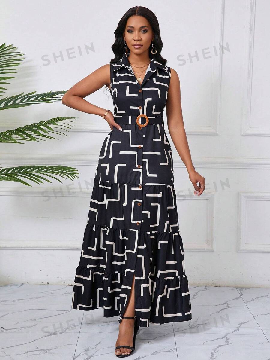 Lyxana Vestido cruzado con volantes escalonados y estampado geométrico sin mangas, elegante para damas