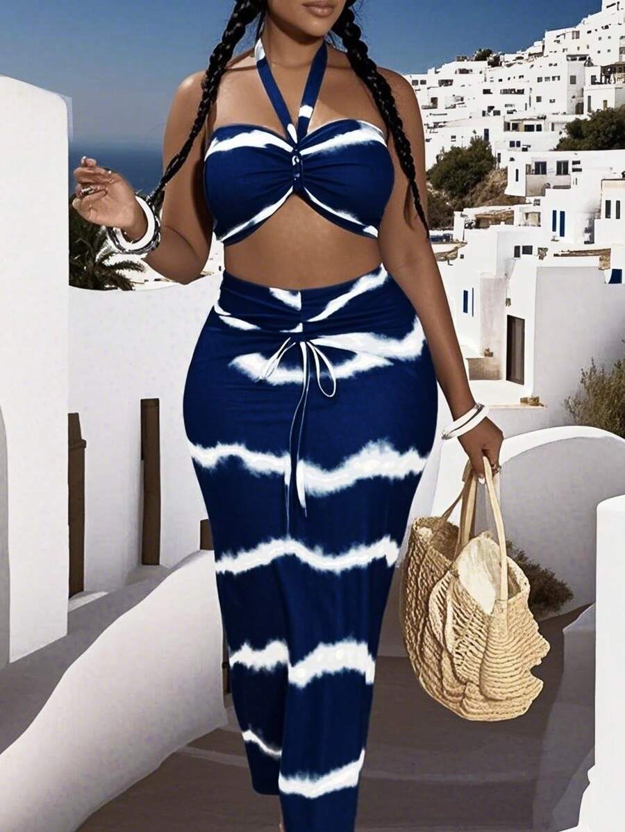 Slaydiva Plus-size dames vakantie halternek tanktop & bodycon rok 2-delige set
