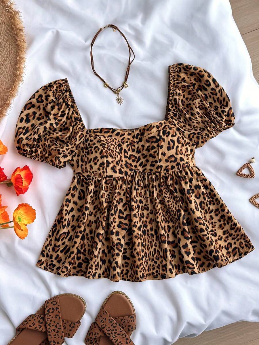 SHEIN TEENGIRL Vacation Leopard Print Square Neck Puff Sleeve Shirt, Cute & Leopard Print Top