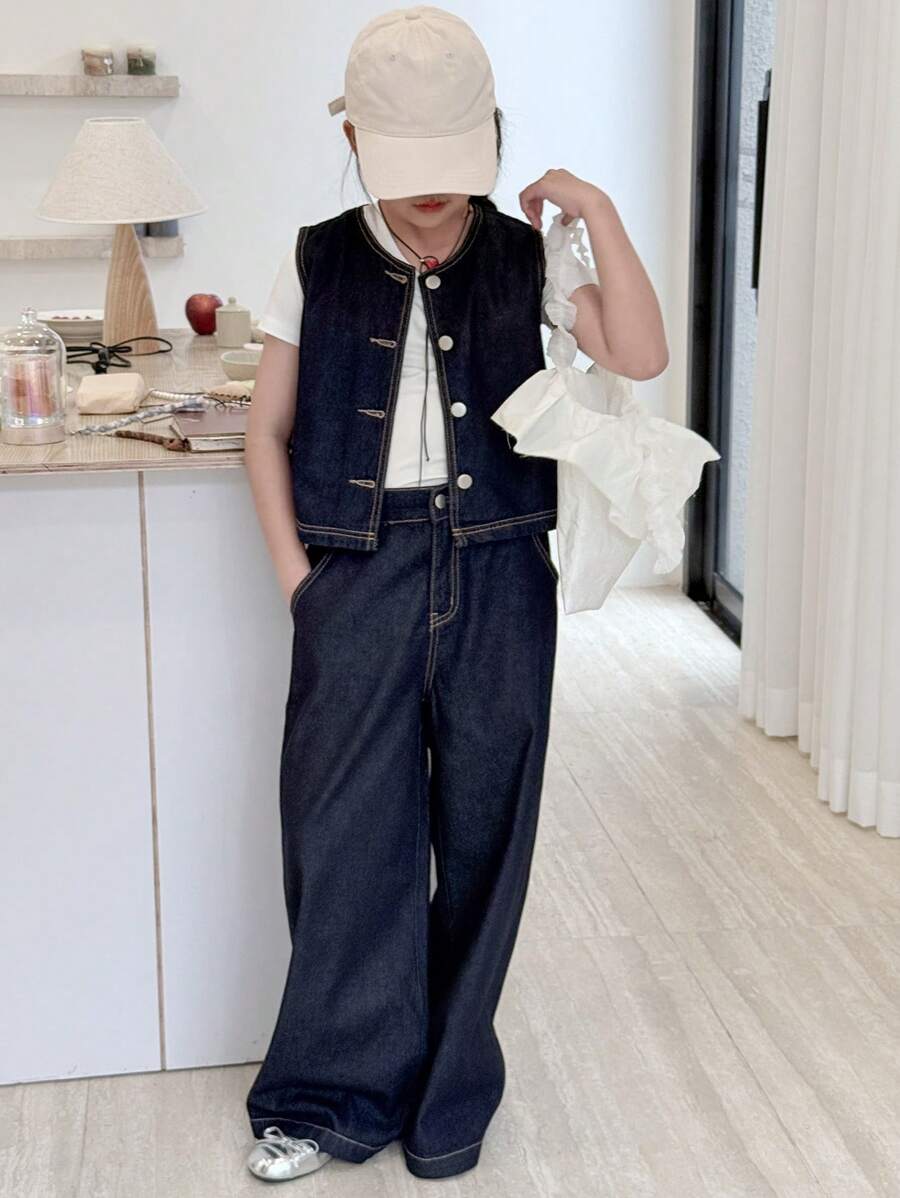 Dazy Kids Set da 2 pezzi per ragazze pre-adolescenti composto da gilet monopetto e jeans con tasche