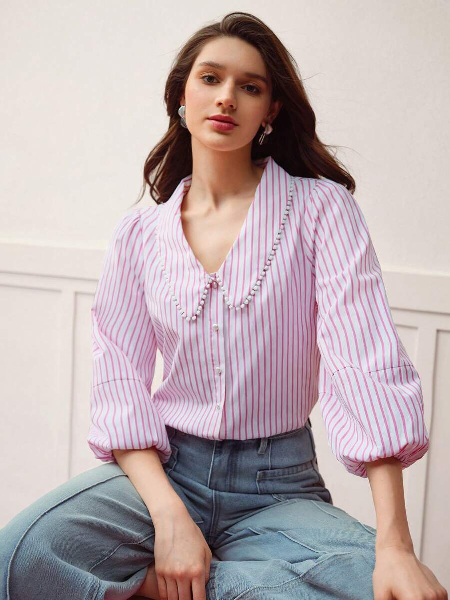 MOTF PREMIUM STRIPED FAUX PEARL BUTTON BLOUSE