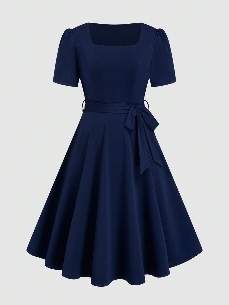 SHEIN Clasi Abito a maglia con scollo a barca, maniche corte, vita con cintura, taglie forti, colore blu navy, elegante per primavera ed estate
