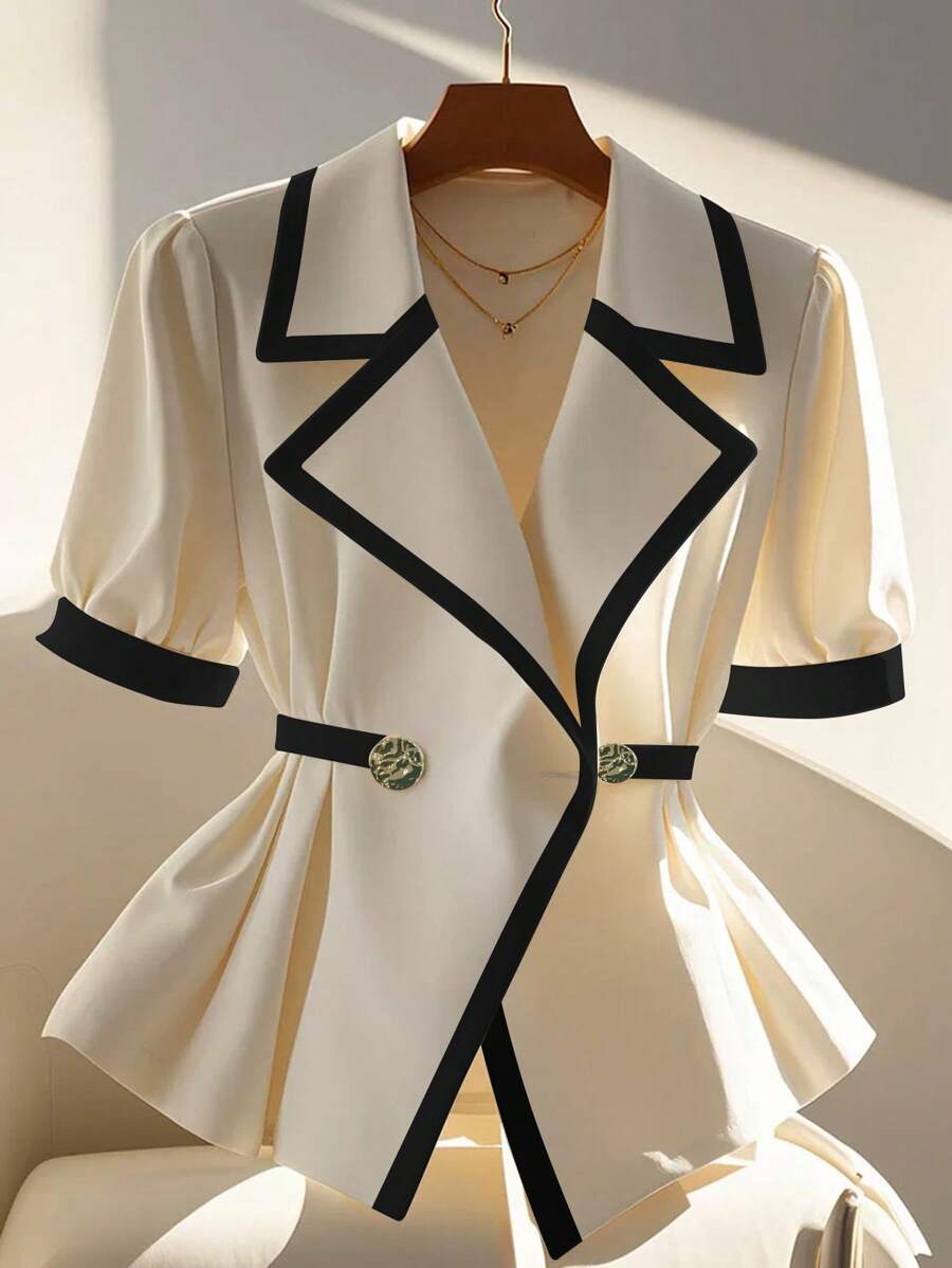Franclia Camicia elegante da donna in stile francese con colletto asimmetrico, bordatura a contrasto, maniche corte e cintura decorativa con fibbia