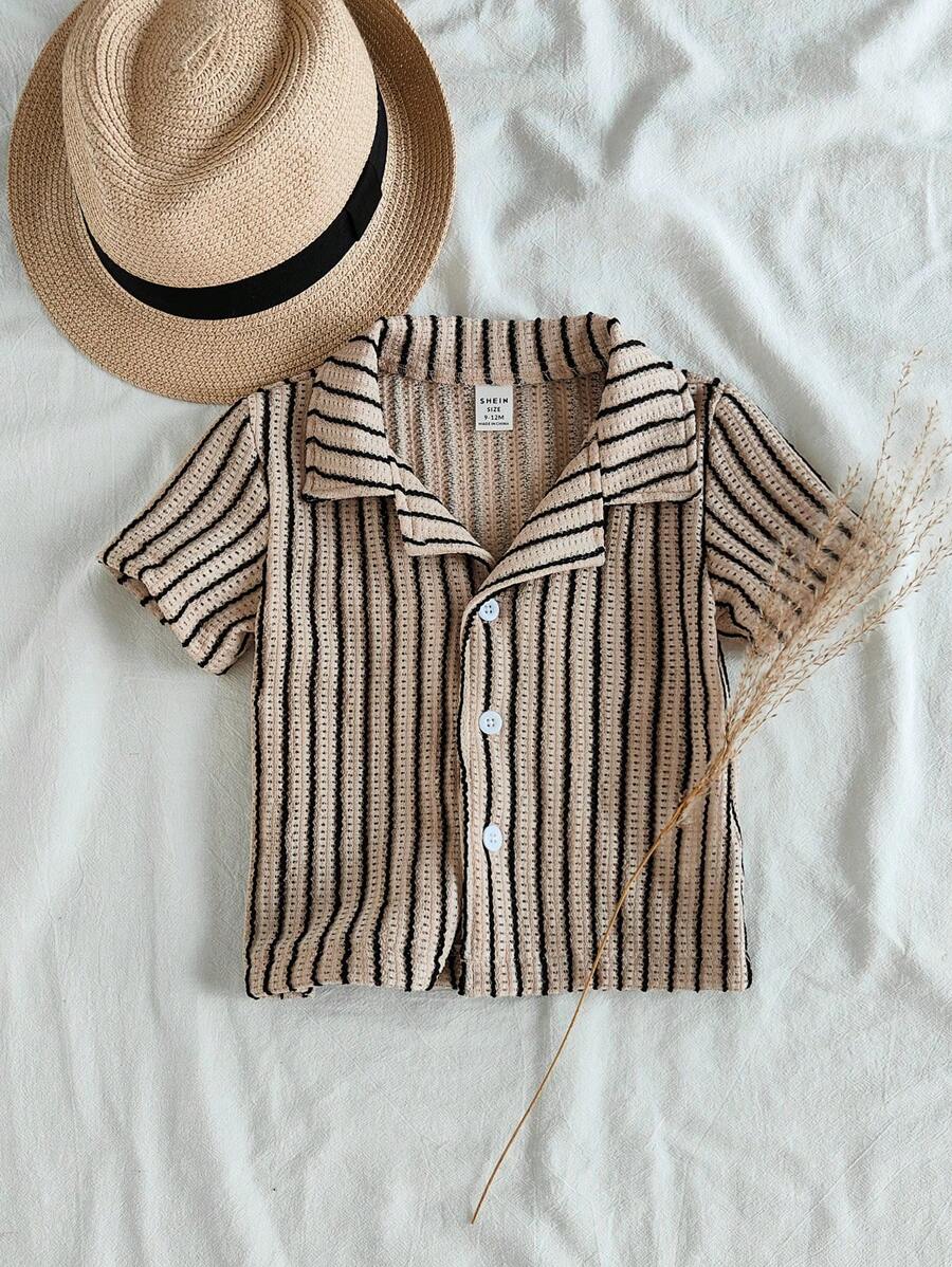 SHEIN Vintaside Kids Baby Boy Striped Lapel Neck Short Sleeve Single-Breasted Casual Shirt, Suitable For Daily Wear And School