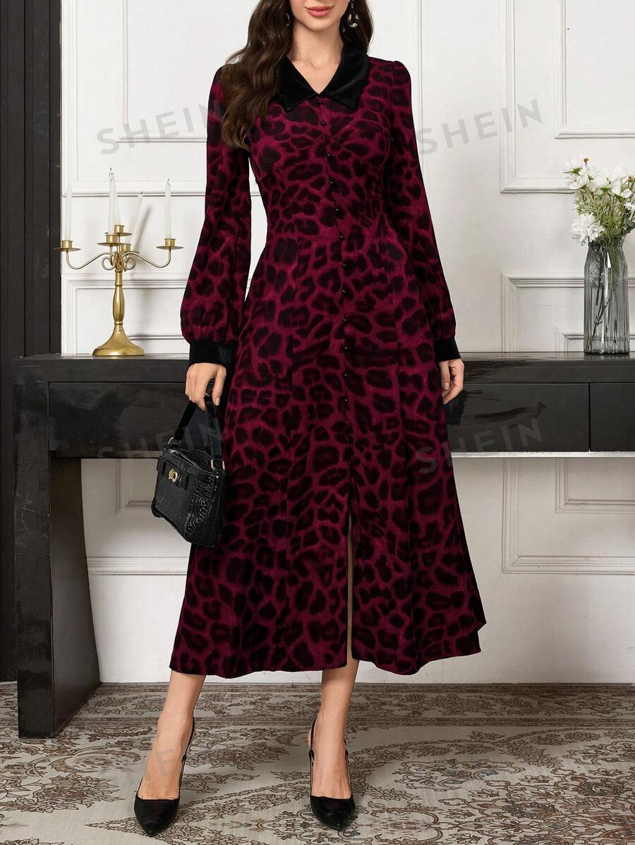 Modelyn Vestido largo de noche elegante para mujer con cuello de contraste de terciopelo, estampado de leopardo y dobladillo con volantes