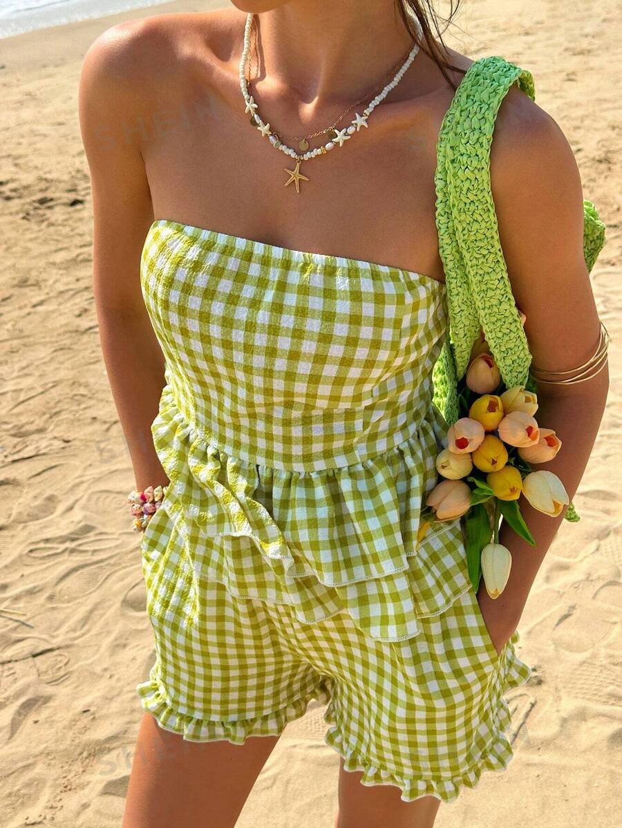 Jouncy Conjunto informal de vacaciones de verano con top corto de halter con volantes con estampado a cuadros texturizado y shorts sueltos