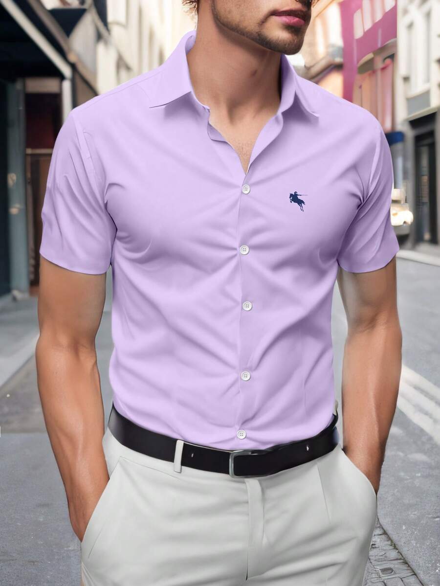 Manfinity Homme Camisa de manga corta con bordado de unicolor para hombres, sencilla y práctica de uso múltiple