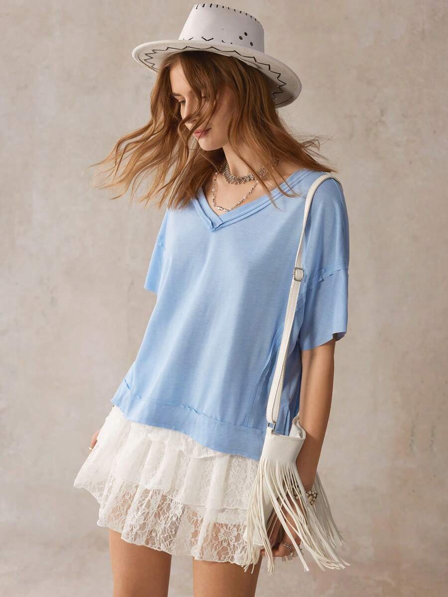Wildy American Western Country Music Festival Short Sleeve Sky Blue T-Shirt, Casual Cowboy Blue Top Casual Tops