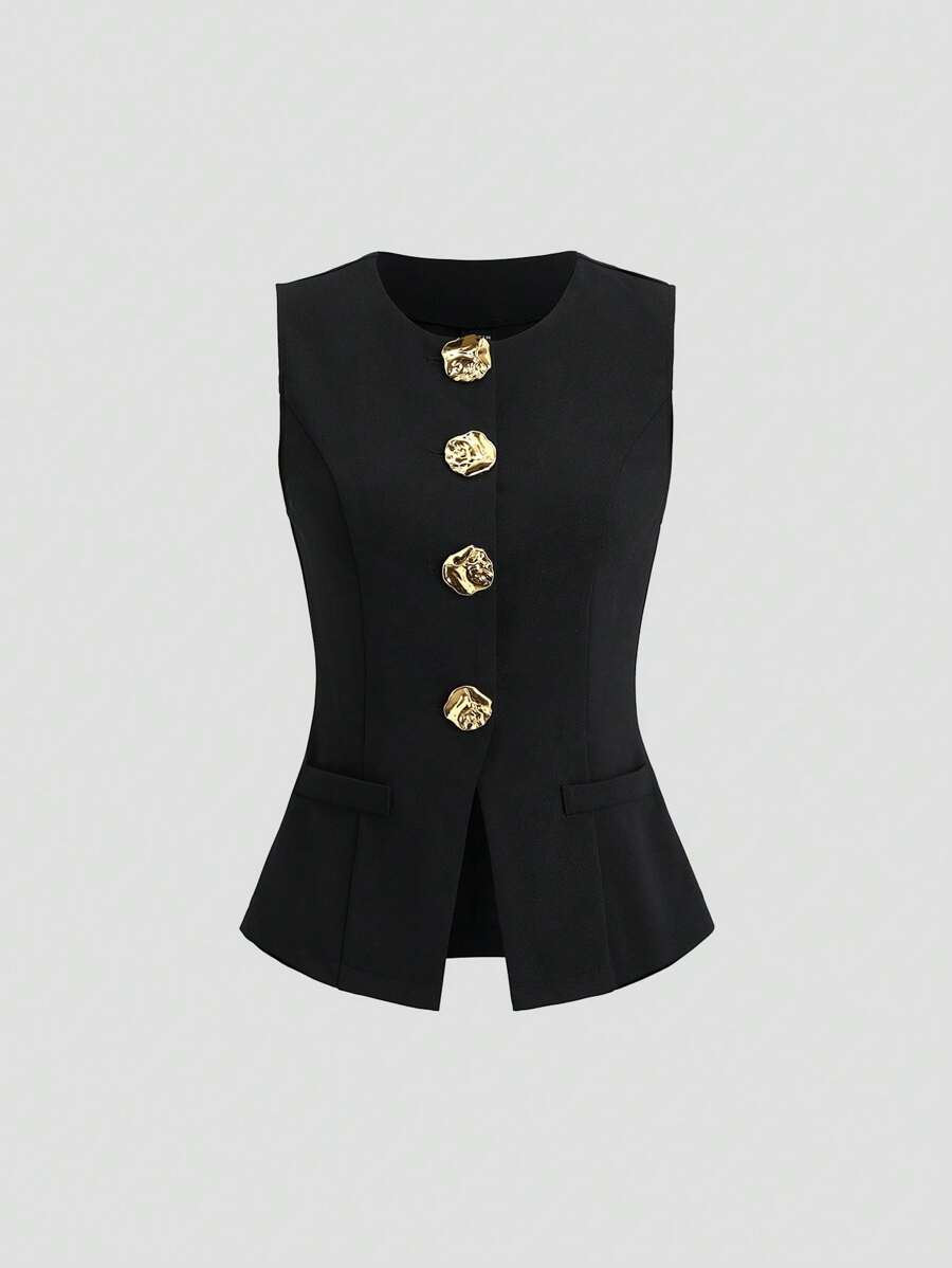 Sweetra Veste-cardigan sans manches décontractée mais professionnelle avec boutons dorés sur le devant, pour le printemps/été, tailles plus
