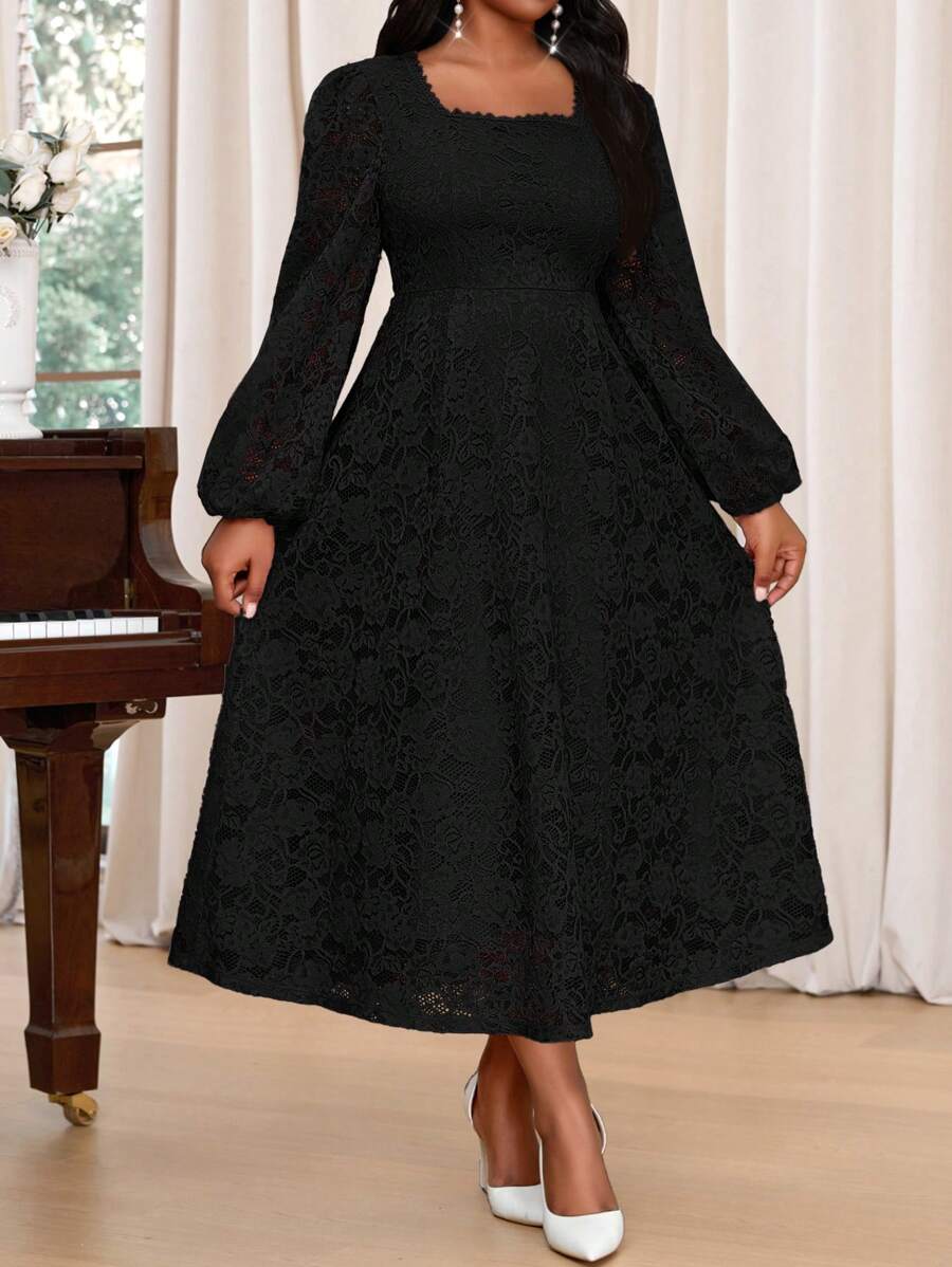 SHEIN Lady Plus Size Elegant Party Solid Color Textured Flare Sleeve Fishtail Dress New Years Vacation Outfits Elegant Party Pink Valentine Day Formal Dresses For Women Lace Dress Pink Dress For Women Summer Dresses For Women