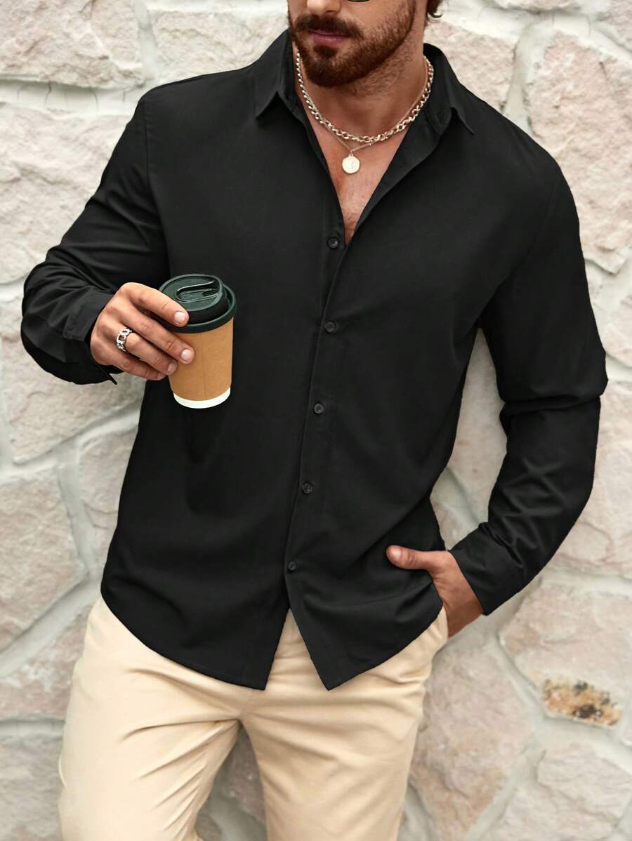 Manfinity RelaxMax Camisa casual de manga larga de un solo pecho de unicolor para hombre, camisa casual de vestir para hombre