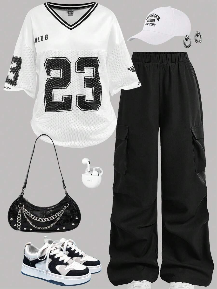 SHEIN EZwear Women Aummer Graphic Number & Letter Print Basketball Jersey T-Shirt Top & Black Cargo Pocket Pants 2 Pieces Casual Streetwear Suit