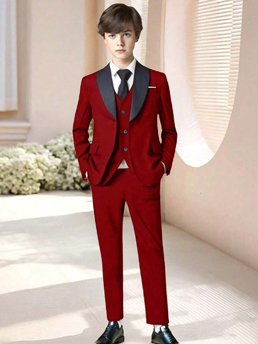 SHEIN Set de 3 piezas para niño preadolescente tipo caballero: Blazer informal + chaleco + pantalones, Vestido formal elegante para fiesta de cumpleaños, boda, bautizo, aniversario, ceremonia de graduación