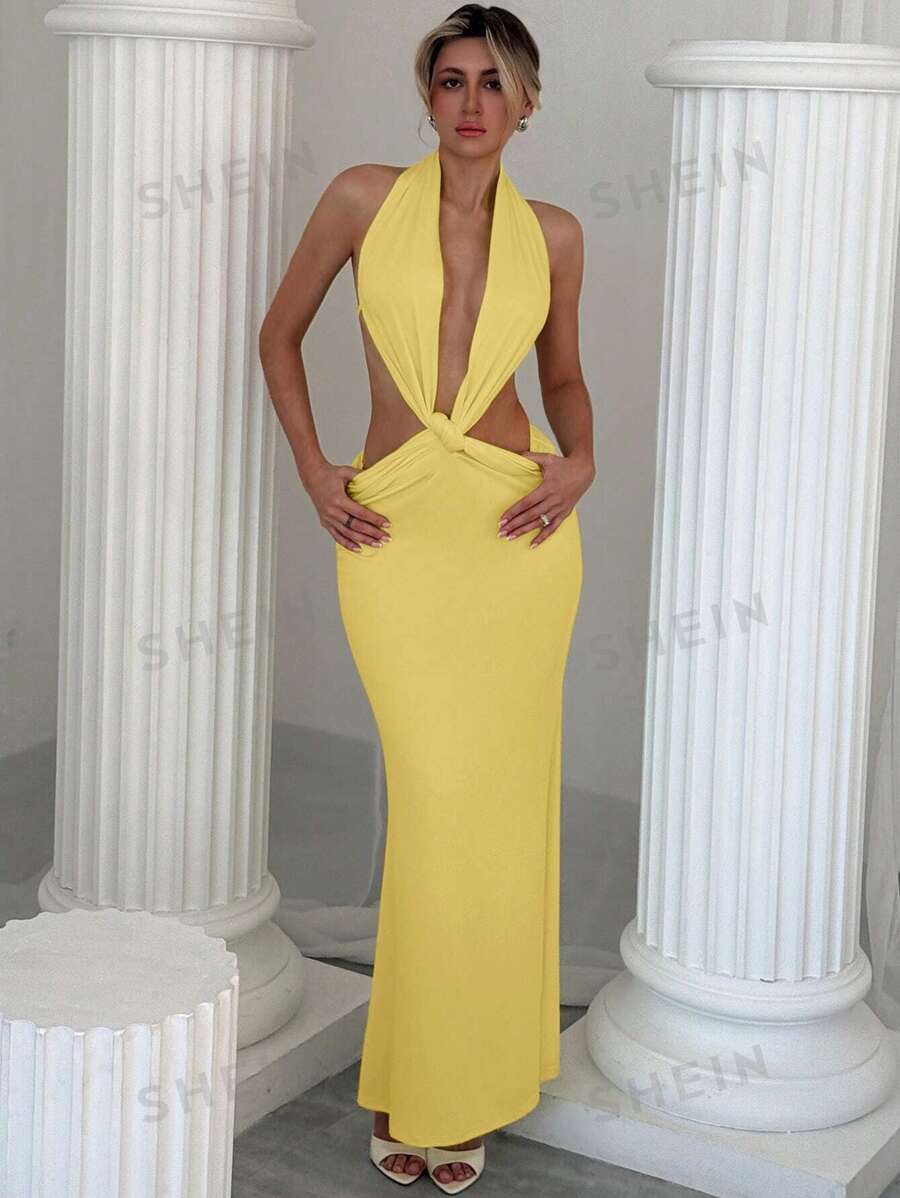 Aloruh Vestido body-con maxi romántico para una cita, con espalda descubierta, escote profundo en V, torsión y plisado, para primavera/verano