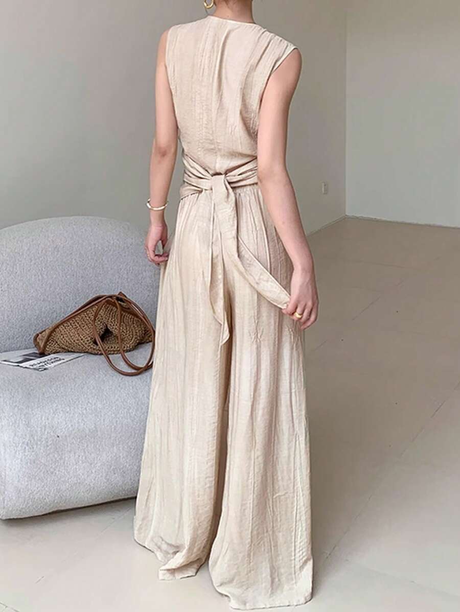 FRIFUL 2 piezas Conjunto de top sin mangas caqui y pantalón de pierna ancha de cintura alta para mujer, atuendo de verano