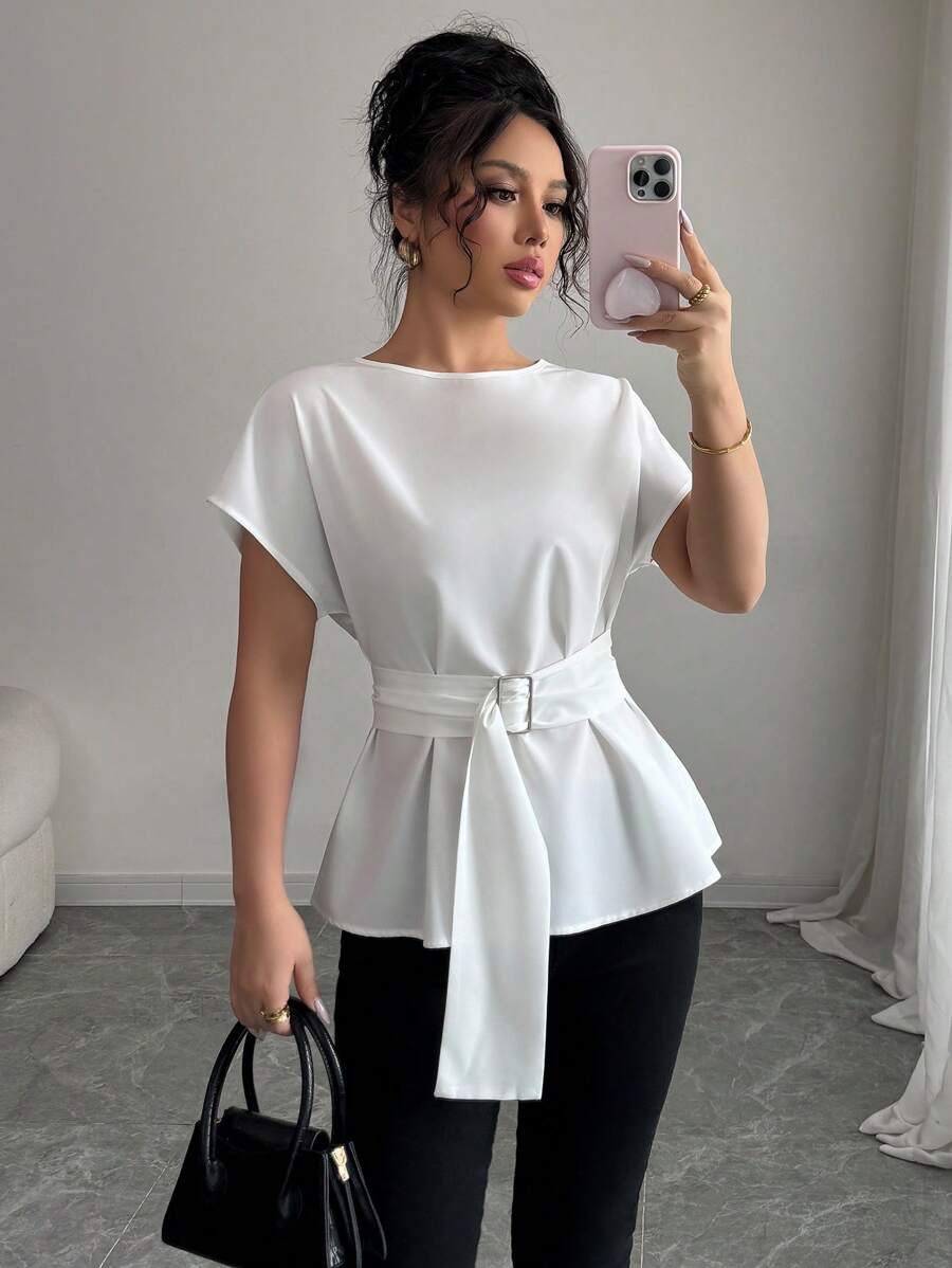Elenzga Blusa donna primaverile/estiva, design di nicchia minimalista, con collo tondo, maniche a campana, vita stretta e effetto snellente