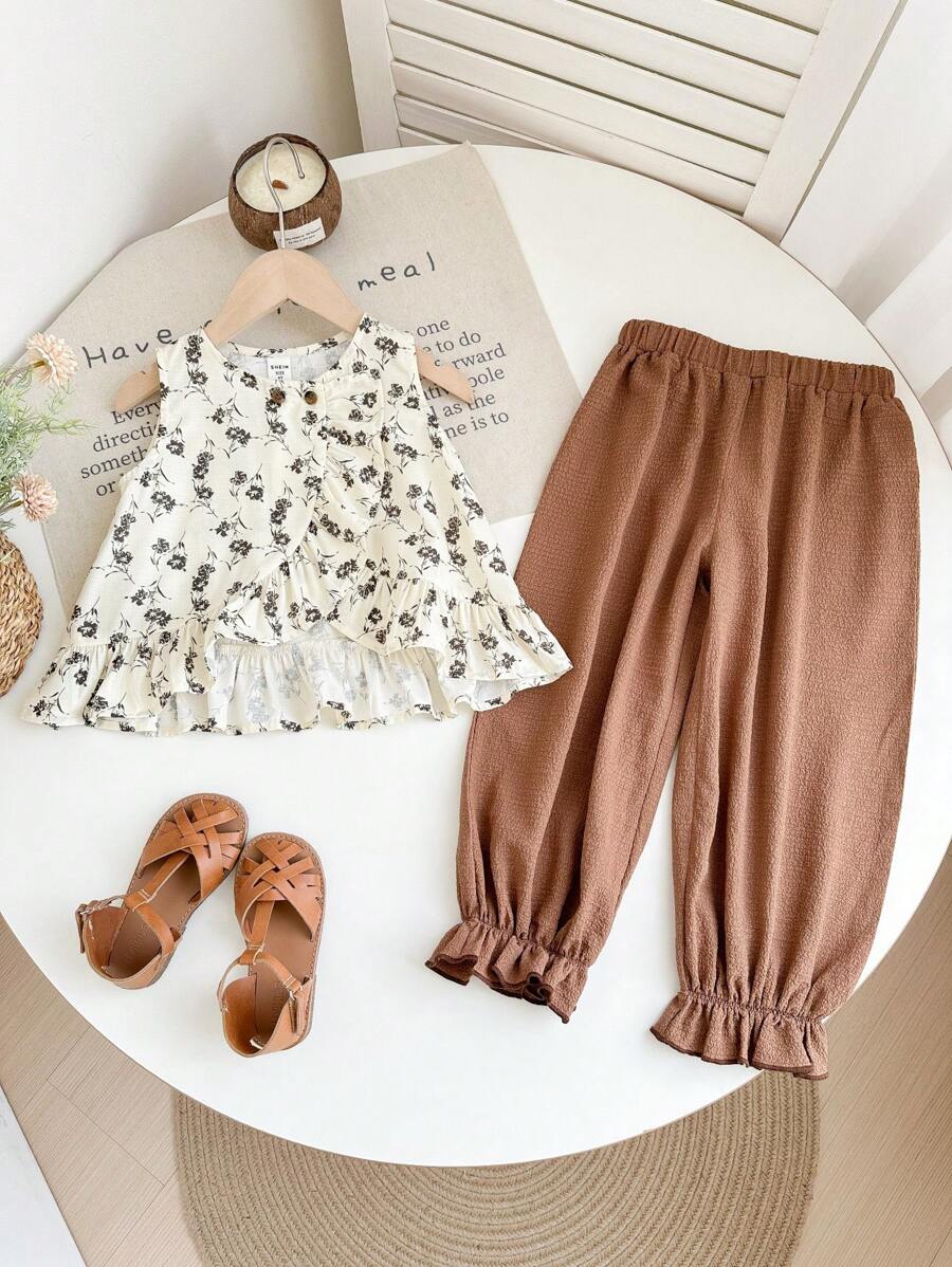 SHEIN 2pcs Set: Young Girl Sleeveless Ditsy Floral Ruffle Collar Top & Wide Leg Solid Loose Pants