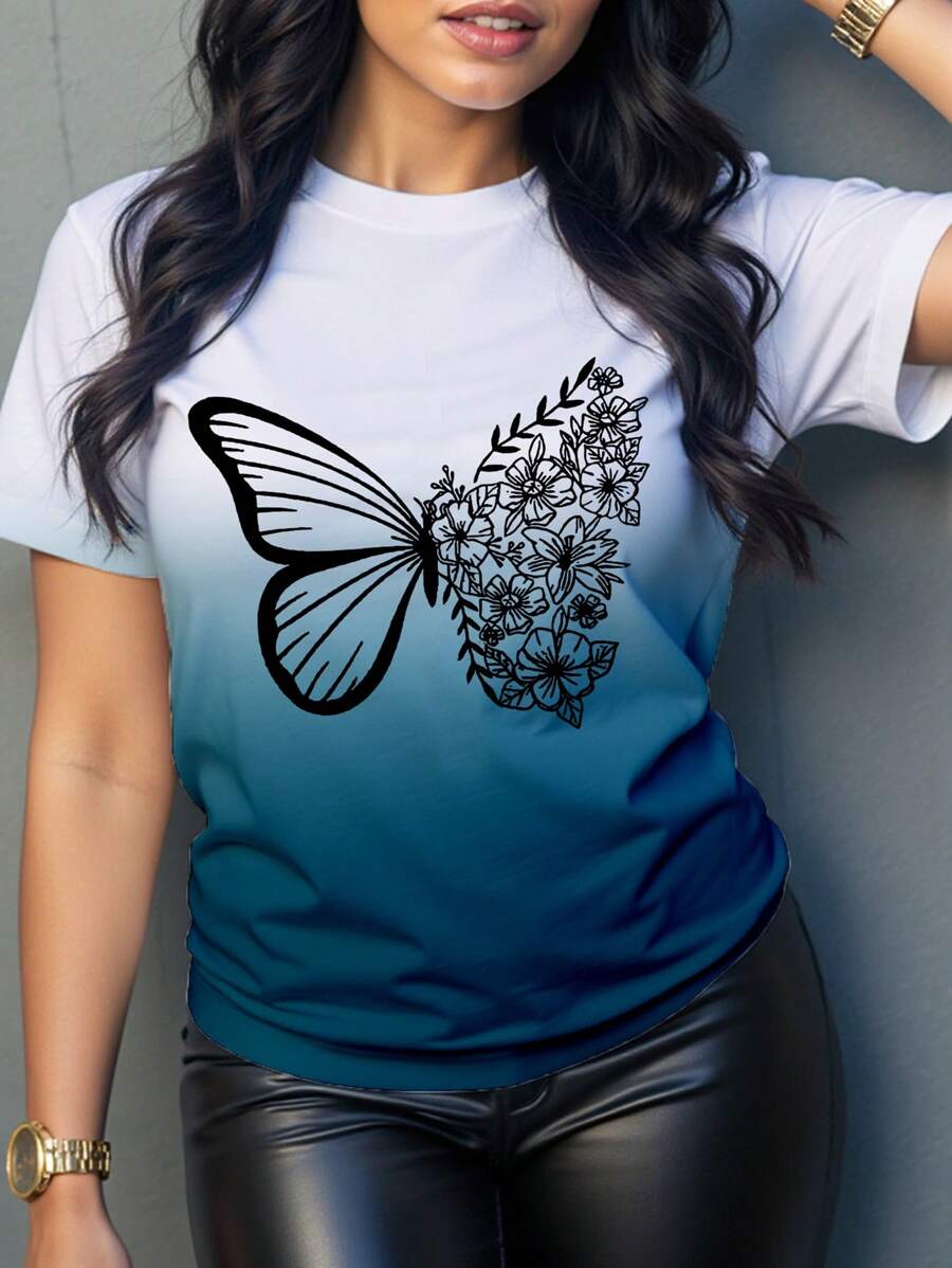 SHEIN VaVaLuxe Camiseta casual de manga corta con mariposa para mujer, simple y de moda para el verano