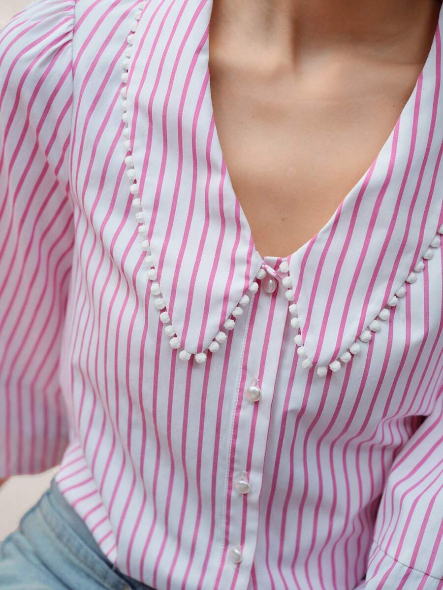 MOTF PREMIUM STRIPED FAUX PEARL BUTTON BLOUSE