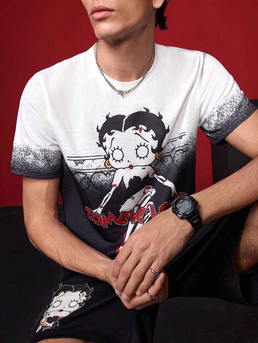 Betty Boop x SHEIN Conjunto de camiseta de manga corta y pantalones cortos de verano casuales para hombre con figura de dibujos animados y gráfico de letras