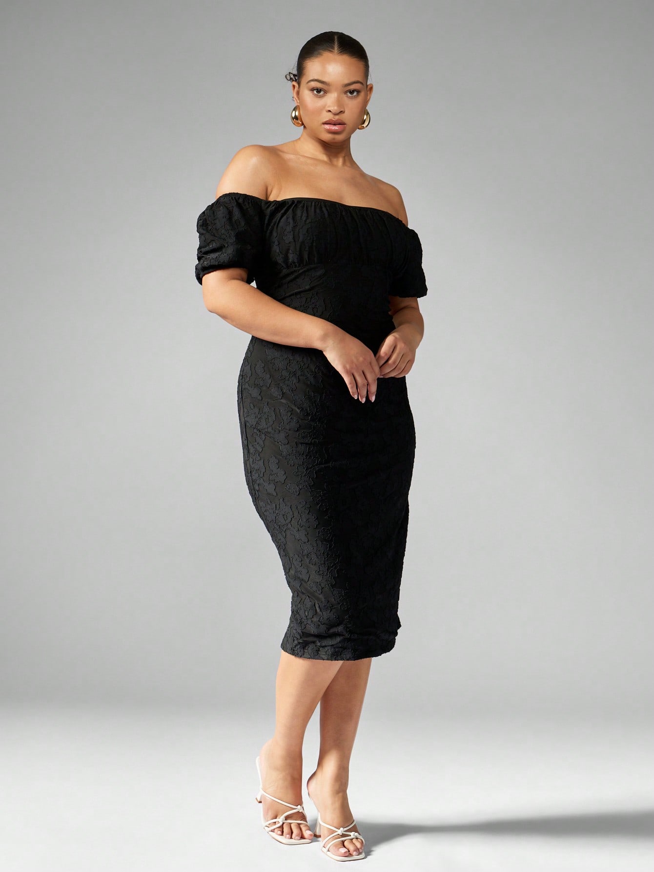 新品　MEDI OFF SHOULDER PUFF SLEEVE DRESS Off-Shoulder Puff Sleeve Midi Dress – SNIDEL