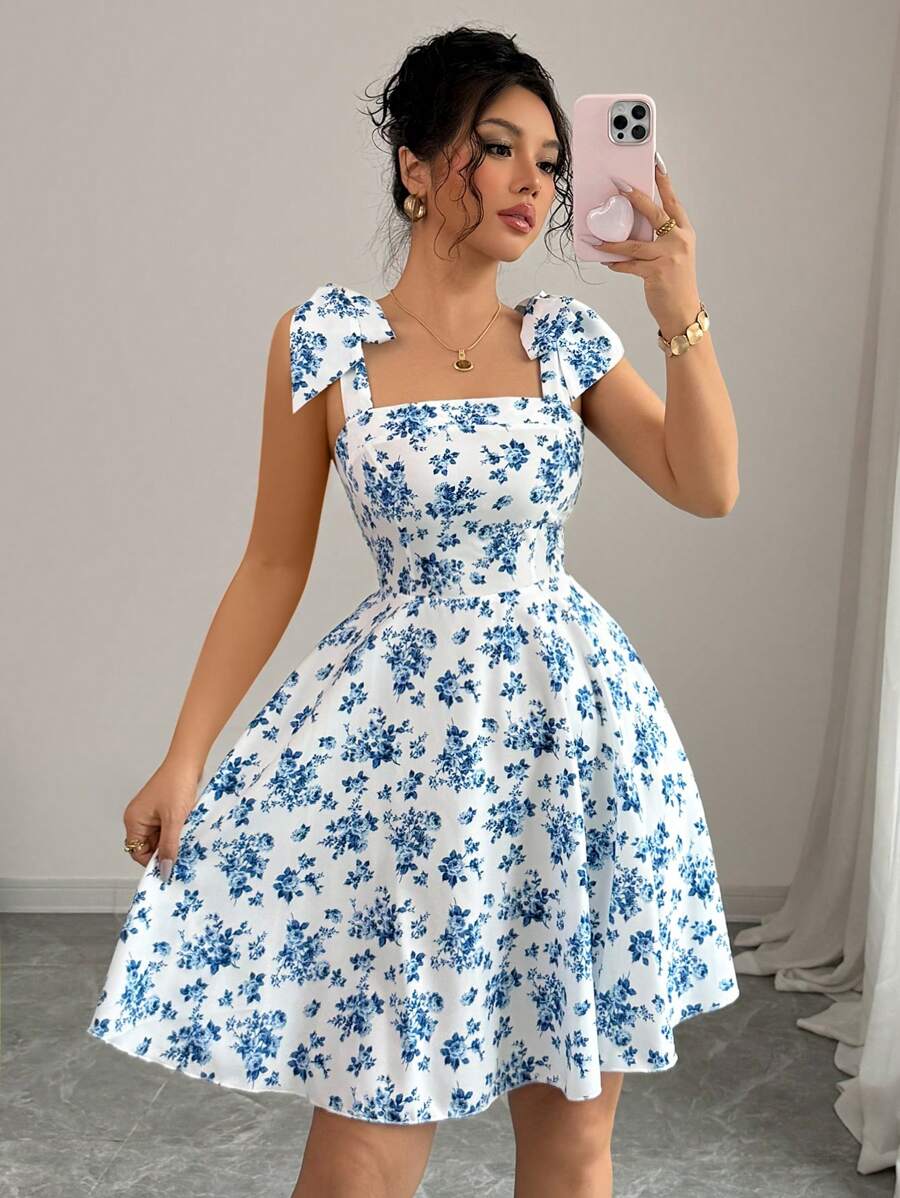 Elenzga Nuovo abito elegante e casual per l'estate e le vacanze, a fiori piccoli, con lacci sulle spalle, vita incintata, linea a ruota, slim e modellante