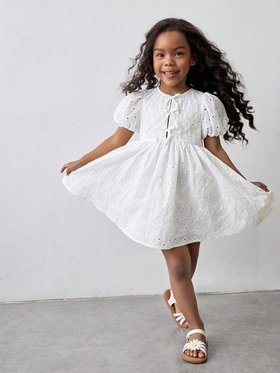 Maija Kids Maija Kids Vestido de niña joven de moda vintage, casual para el uso diario/conmutación/escuela/temporada de bodas, con cuello redondo, decoración de moño, mangas abullonadas exageradas, cintura ceñida, falda acampanada, tela textil bordada hueca