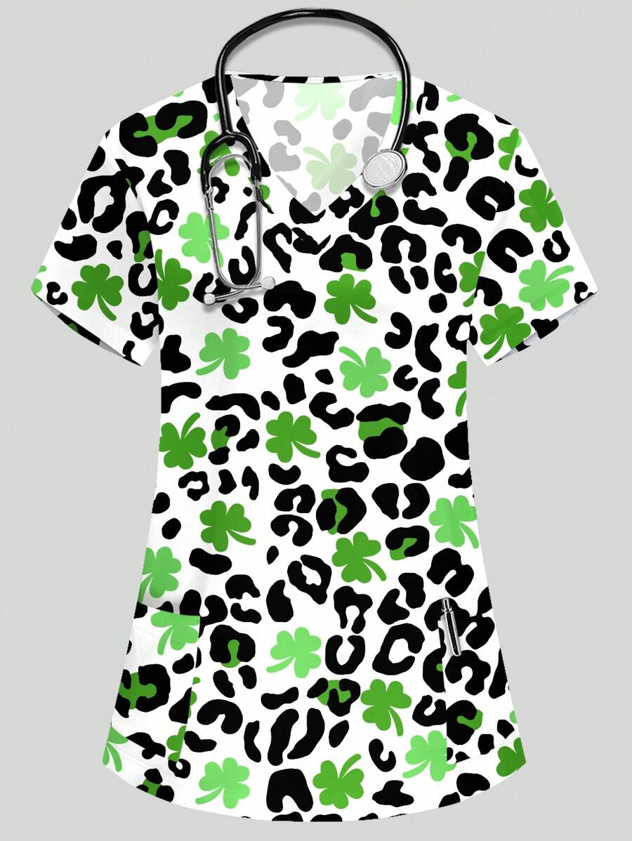 PopScrub Women's V-Neck Short Sleeve Double Pocket Cute Black & White Leopard Print Lucky Three-Leaf Clover Cartoon Print Nurse/Doctor/Pet Grooming/Nutritionist Work Scrub Uniform Top, Multi-Pockets Functional Work Wear, Graphic Tees For Women, Cheap Stuff, Functional Women Festival, Valentine's Day Decor, Winter Women Top