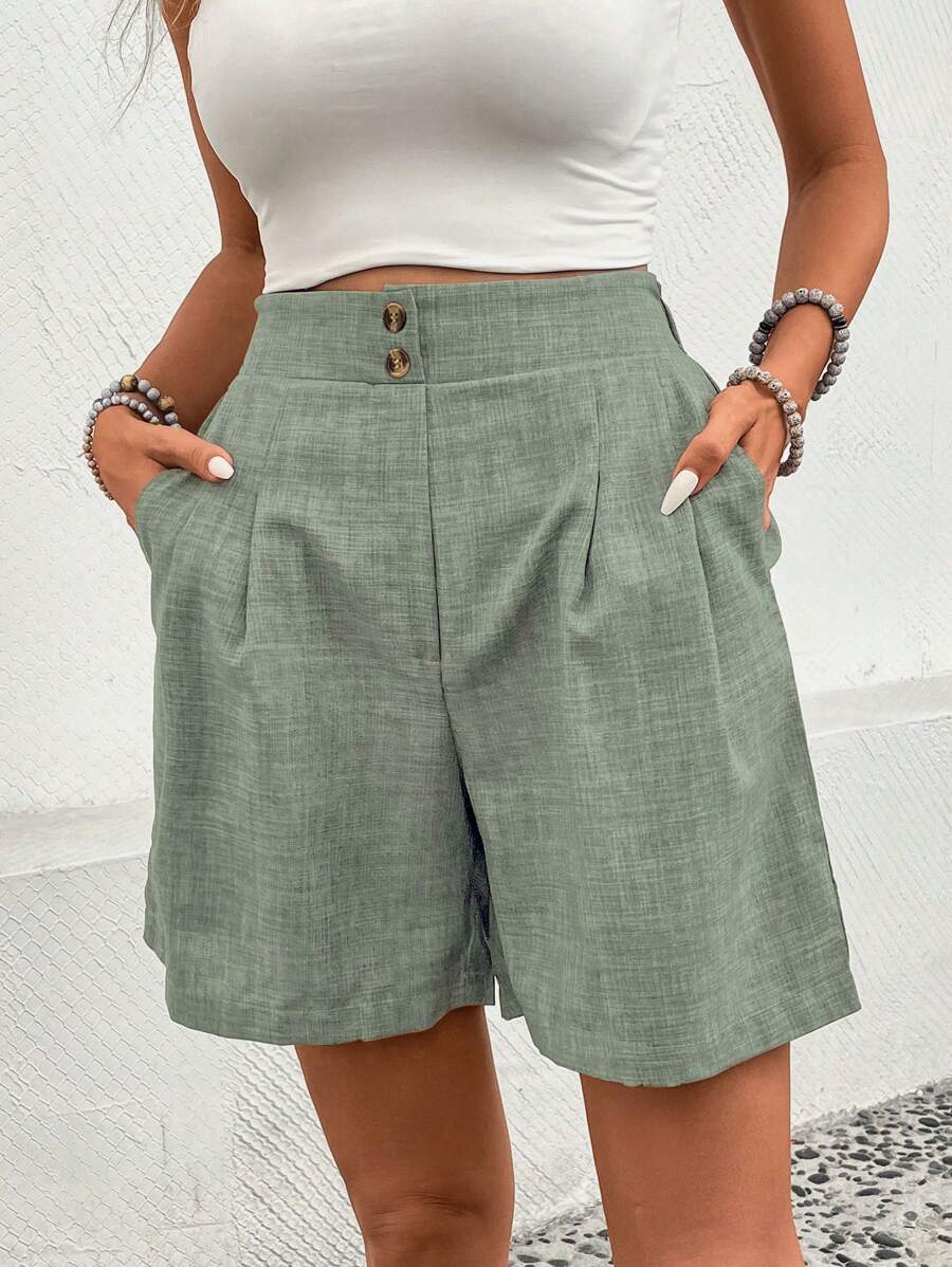 SHEIN Clasi Pantalones cortos casuales versátiles de mujer con bolsillos plisados de unicolor