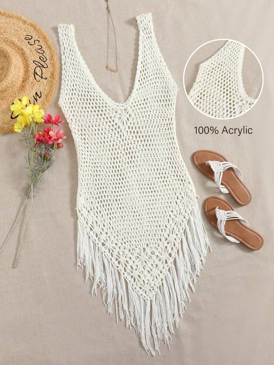 SHEIN Swim Cubrecuerpo a crochet con flecos en el bajo para el verano