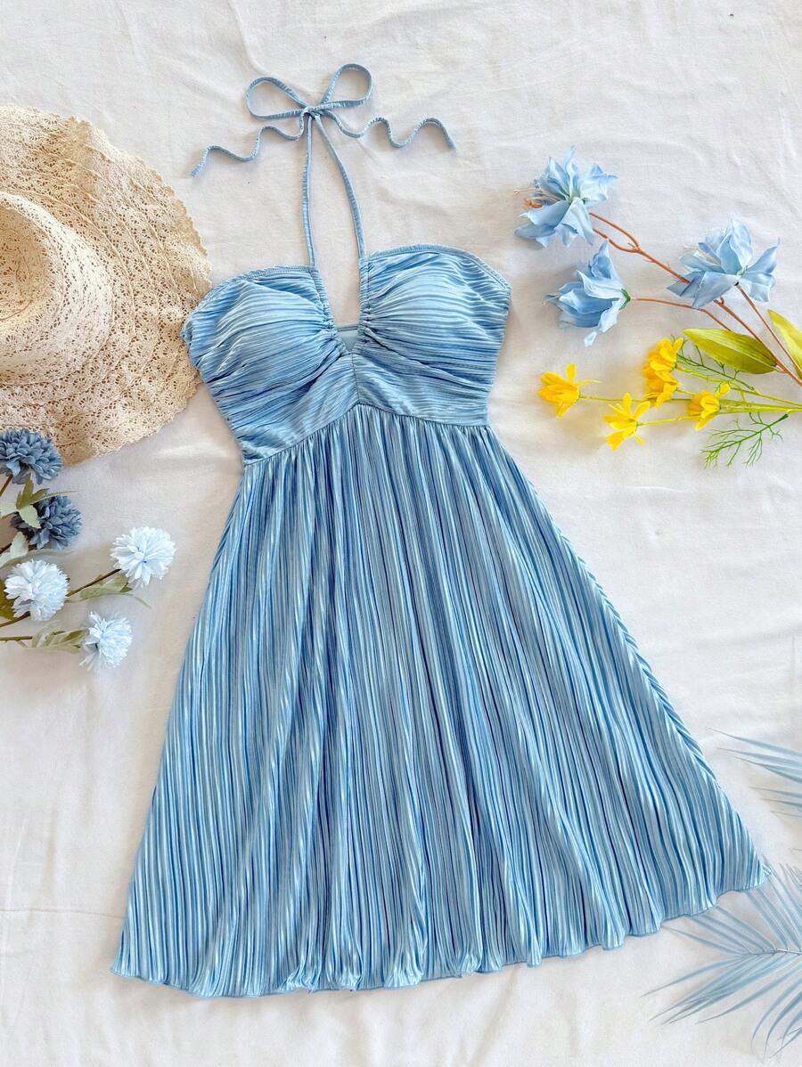 Soleia Vestito estivo boho da donna, vestito da donna con scollo alla coreana, vestito estivo da donna per Pasqua e laurea, abito mini plissettato di colore unito da donna con collo alla halter, abiti estivi da donna