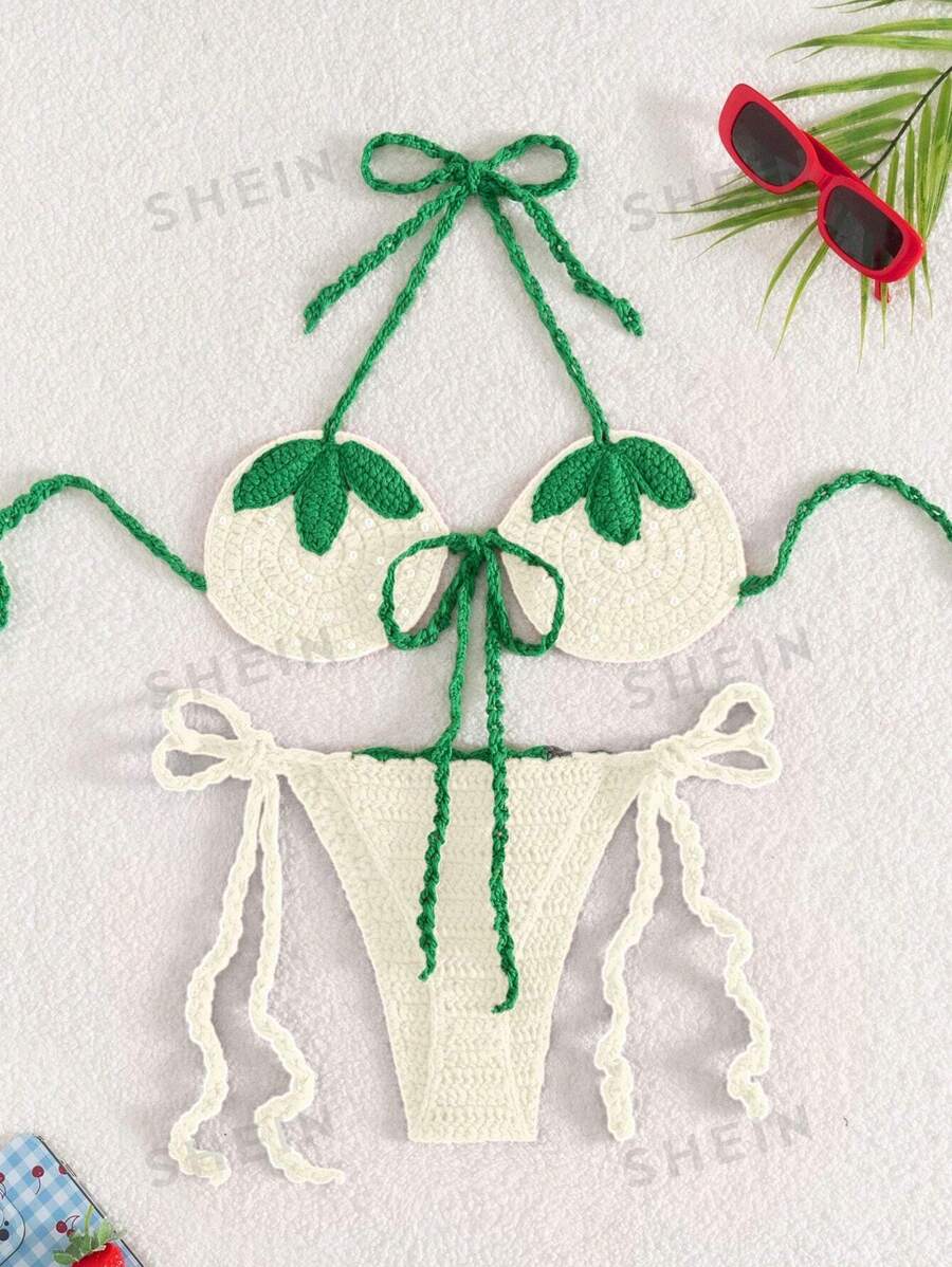 Swim Mod Top halter de contraste de color con estampado de fresa a ganchillo y Bottom triangular con atar a los lados como cubrecuerpos