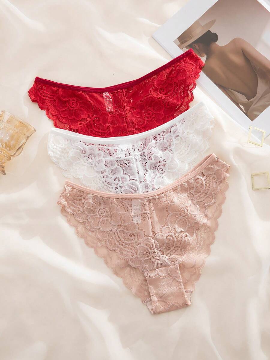 Set de 3 bragas de mujer con diseño minimalista y romántico de encaje