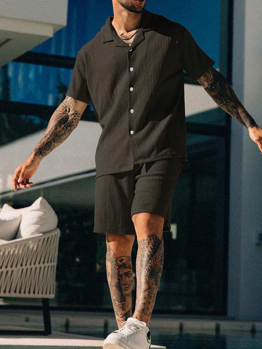 Manfinity Homme Men's Casual Textured Solid Color Short Sleeve Shirt And Shorts Set, Summer Men Short Sets Men Shirt Co Ords