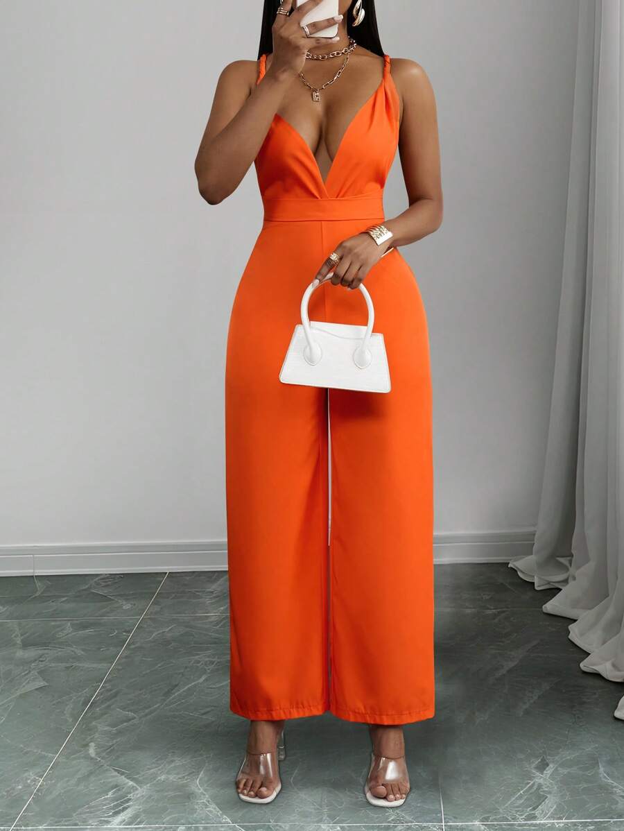Slaydiva Mono de mujer con escote en V profundo, detalle de torsión, tirantes cruzados, cintura ceñida, color naranja, apto para múltiples ocasiones: festivales de música, Pascua, estilo western, bohemio, elegante, formal, boda, cumpleaños, graduación, estudiante, casual, diario, todo a juego, ocio, crucero, playa, tomar el sol