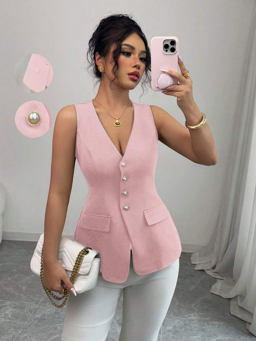 Elenzga Camicia elegante da donna senza maniche e senza colletto, casual e adatta per l'ufficio, di colore unito con scollo a V, decorazioni con bottoni effetto perla, aderente