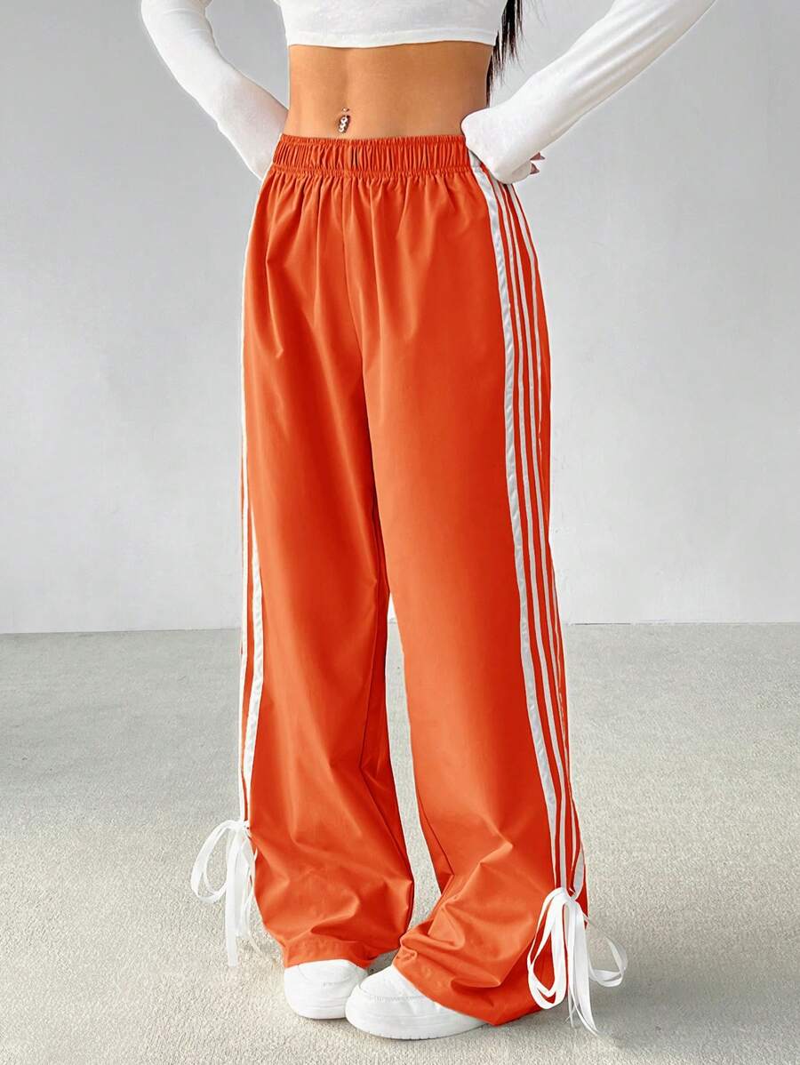 SHEIN PETITE Casual Contrast Striped Drawstring Straight Leg Pants