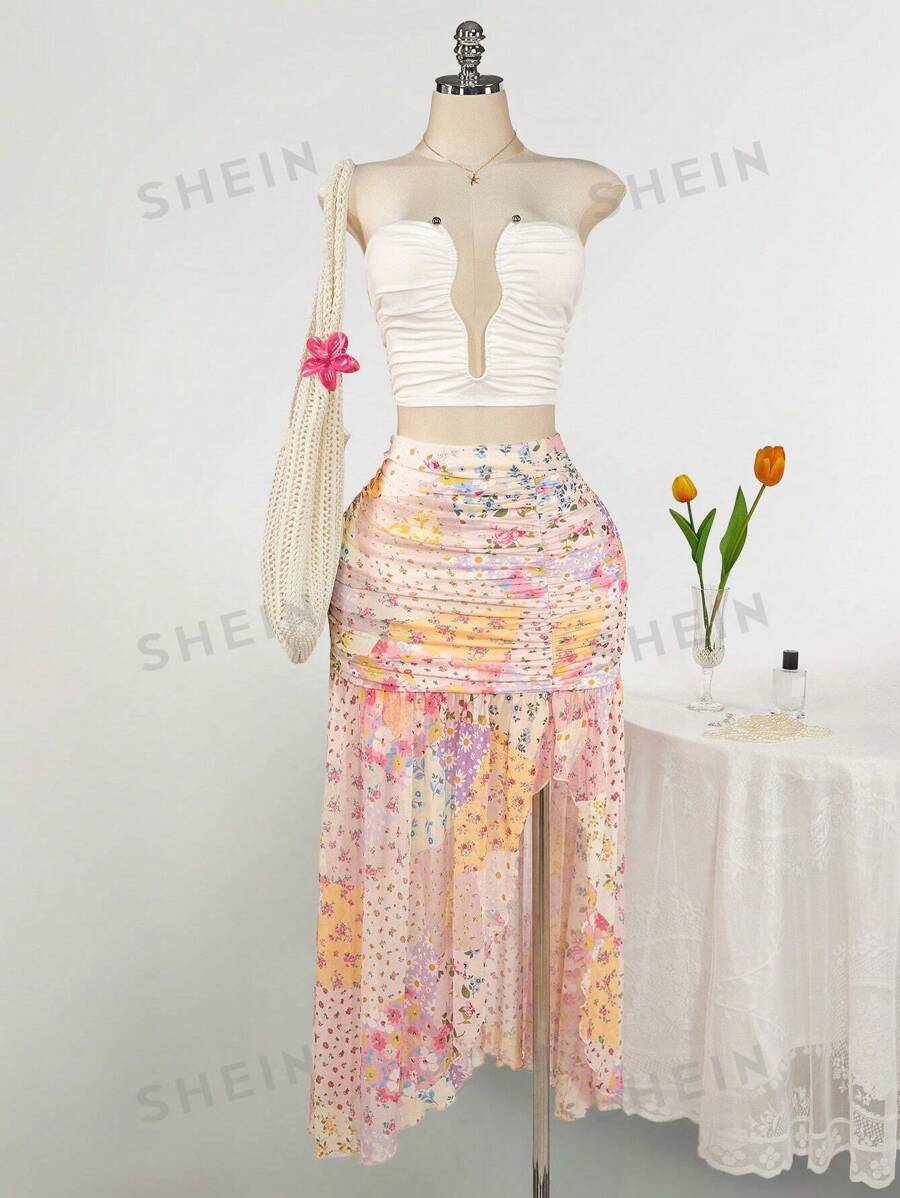 SHEIN ICON Große Größen Bodycon Fischschwanzrock mit asymmetrischem Rüschensaum und Blume Muster, Hoher Schlitz, Plisseerock, geeignet als Outfit für Hochzeitsgäste
