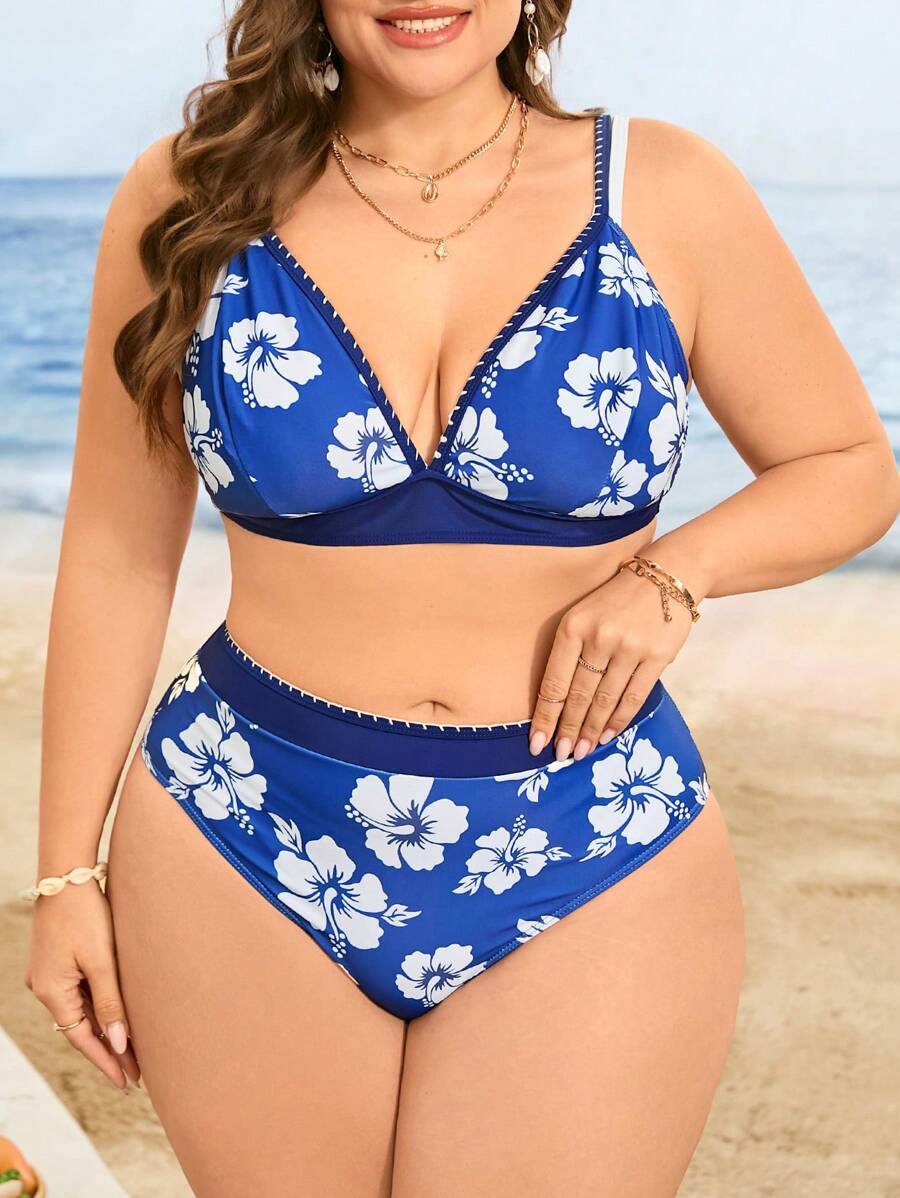 Swim Lushoire Set da 2 pezzi di bikini da donna taglie forti, con stampa floreale, bretelle regolabili, top corto e parte inferiore, moda casual estiva da spiaggia