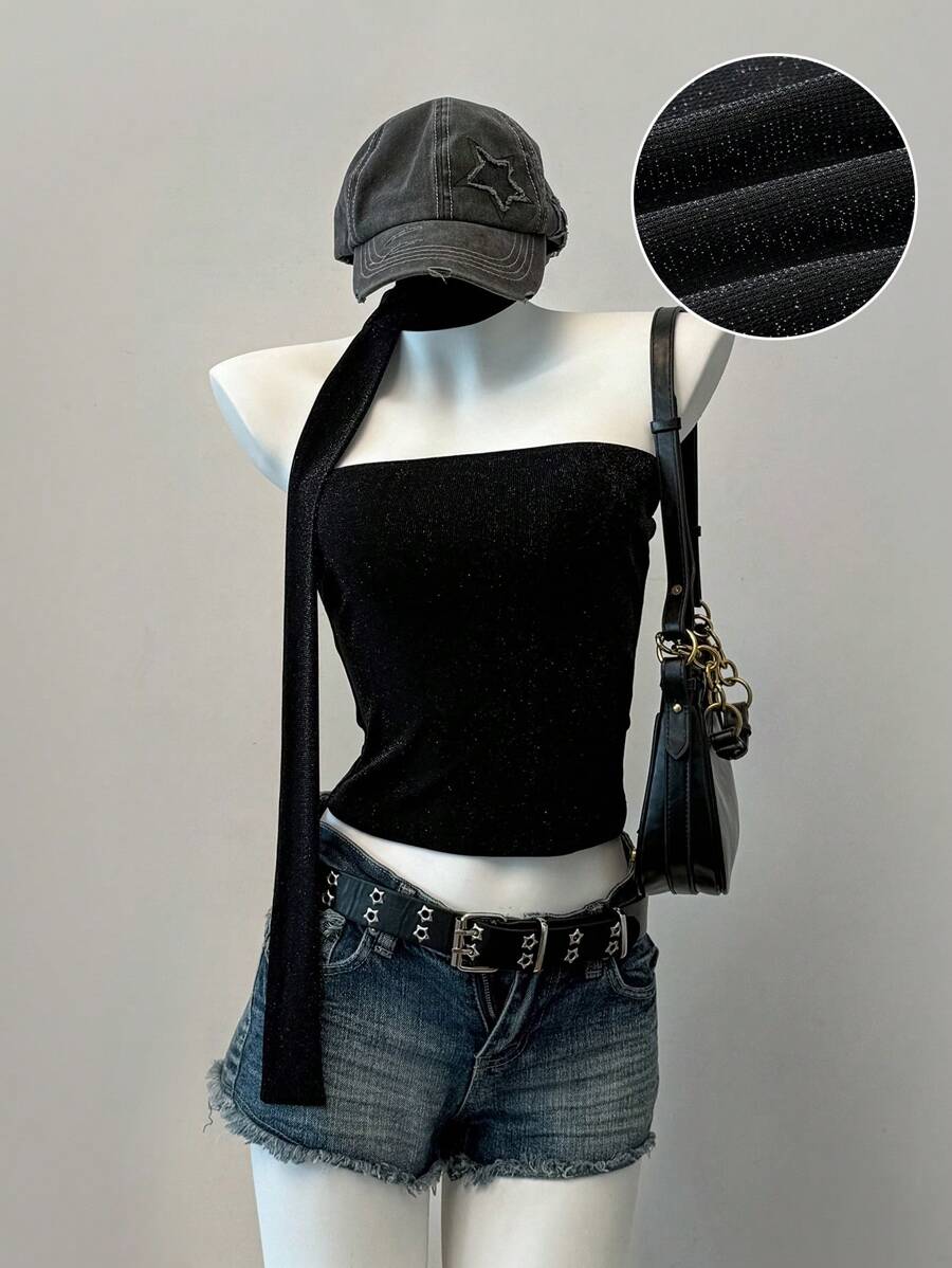 SHEIN EZwear Summer Tops Black Knit Women's Tube Top, Casual & Fitted