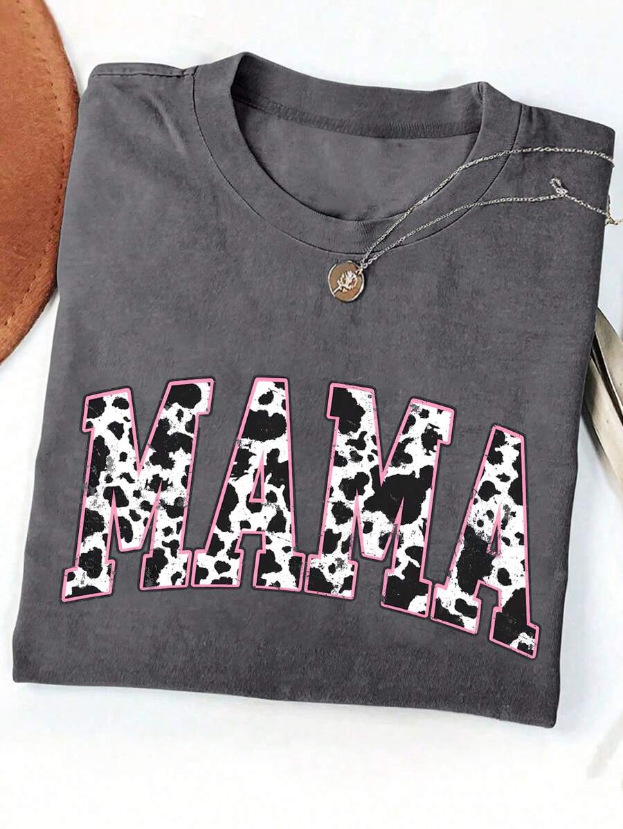 SHEIN CURVE+ Maglietta casual a maniche corte con stampa di mucca e lettera, scollo tondo, taglia curvy per donna
