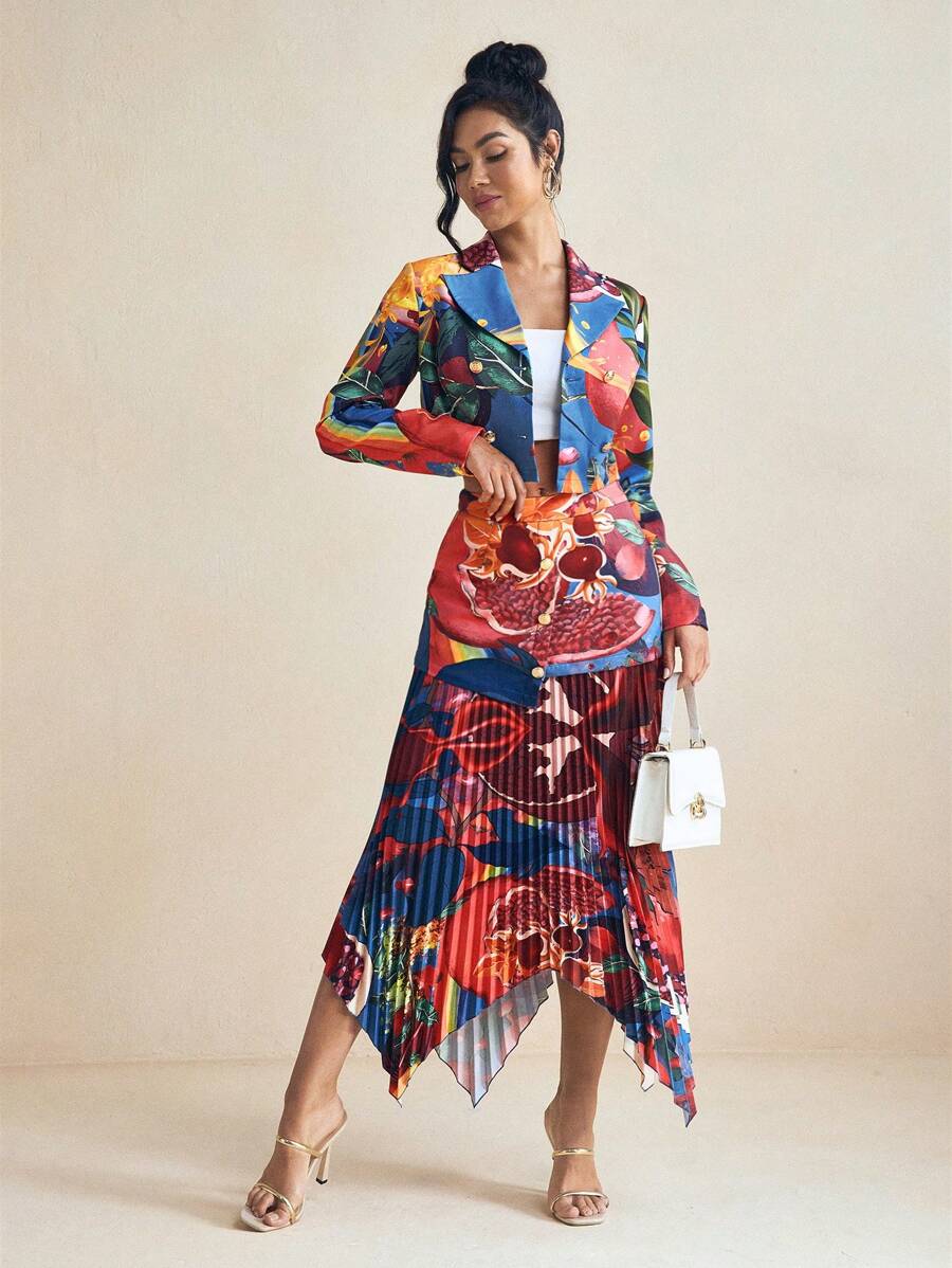 SHAQUITA GARCIA Blazer corto con stampa a frutta, maniche lunghe, bottoni, stile business casual, adatto per primavera/estate, da ufficio